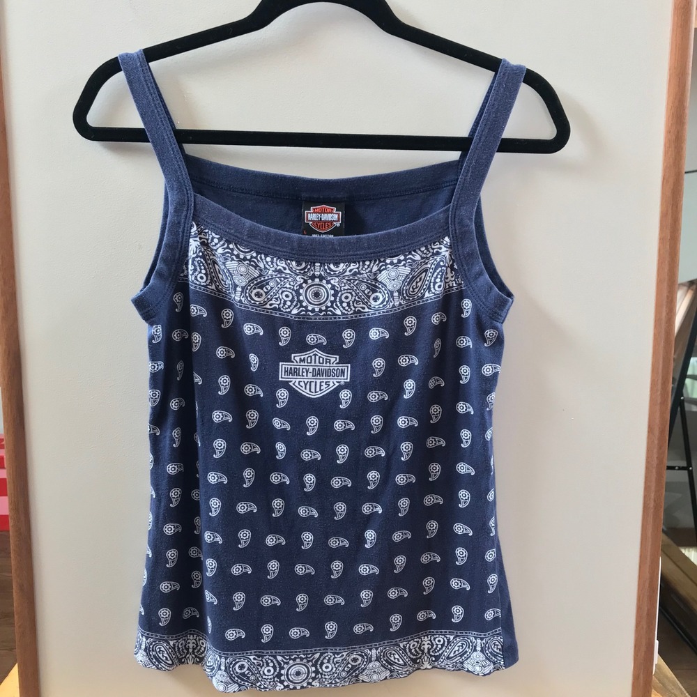 Harley-Davidson Womens L Navy Blue Excellent Paisley Bandana Biker Tank Top